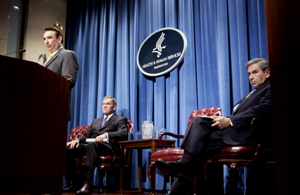 HHS Secretary Tommy G. Thompson along with (L) DHS Secretary Tom Ridge and DoD Deputy Secretary Paul Wolfowitz, announced the presidential directive, Biodefense for the 21st Century. HHS Photo by Chris Smith.
